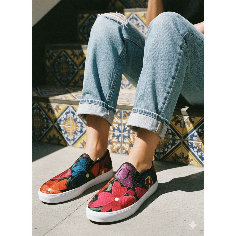 Bordarte Mexican Floral Embroidered Slip On Sneakers‎ Multicolor Low Top Womens